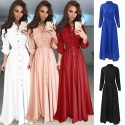 Women Chiffon Long Shirt Dress Solid Long Sleeves Button Belted Casual Maxi Dress Vestidos