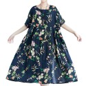 Ethnic Women Dress Colorful Floral Print Side Pockets Pleated Short Sleeve Maxi Gown Loose One-Piece